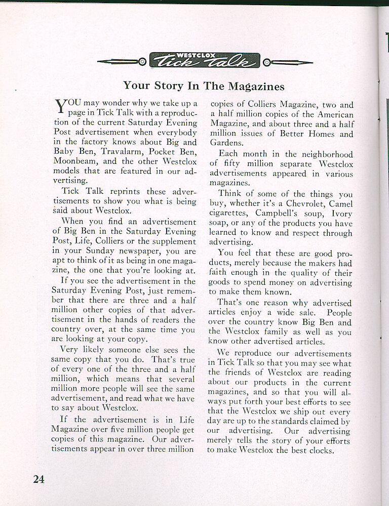 Westclox Tick Talk, February 1951, Vol. 36 No. 2 > 24. Marketing: "Your Story In The Magazines" Discusses Westclox Advertising In Saturday Evening Post, Life, Colliers, Better Homes And Gardens