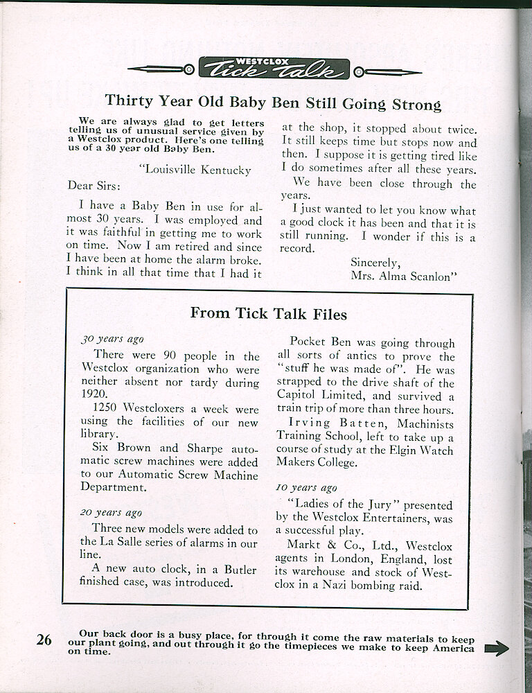 Westclox Tick Talk, February 1951, Vol. 36 No. 2 > 26. Factory: Picture Caption: "Our Back Door Is A Busy Place . . ." Picture On Page 27.