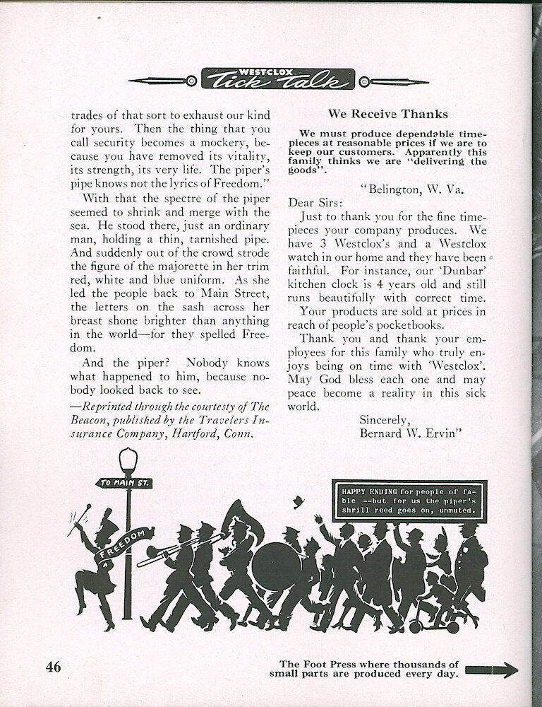 Westclox Tick Talk, February 1951, Vol. 36 No. 2 > 46. Picture Caption: Foot Press (picture On Page 47).