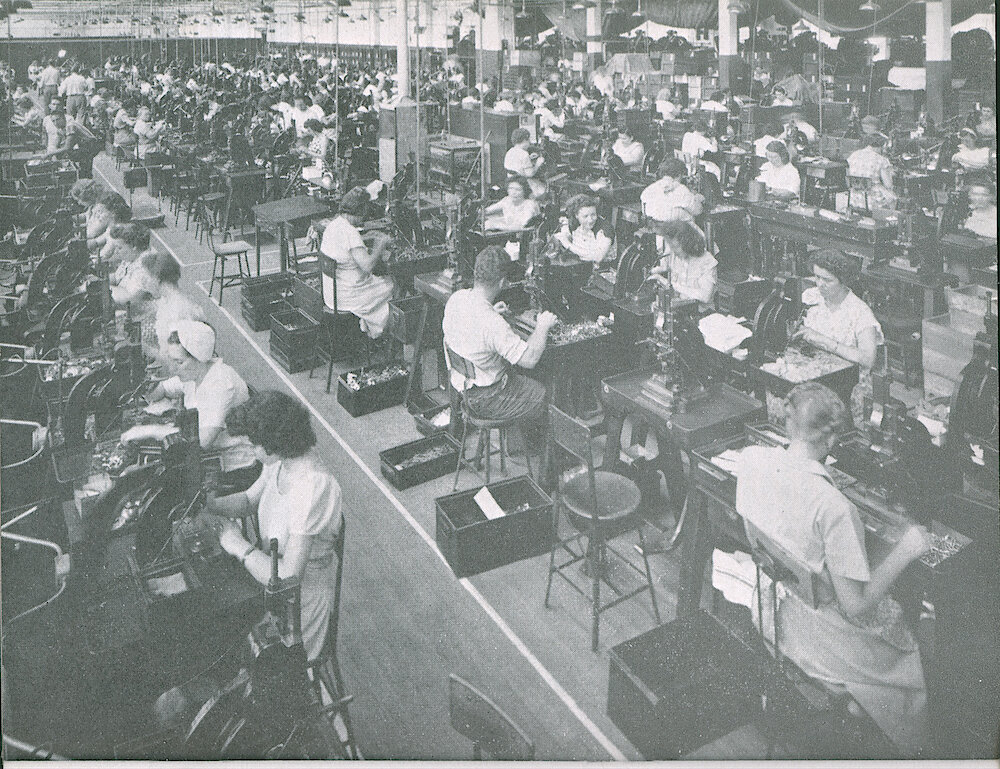 Westclox Tick Talk, February 1951, Vol. 36 No. 2 > 47. Factory: "The Foot Press Where Thousands Of Small Parts Are Made Every Day." (caption On Page 46)