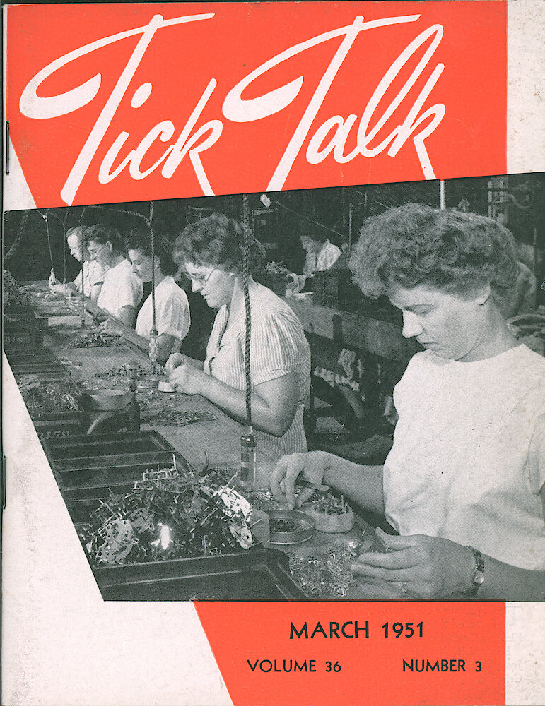 Westclox Tick Talk, March 1951, Vol. 36 No. 3 > F. Manufacturing: One Of The Auto Clock Assembly Lines In The Electric Clock Department. From Front To Back: Jeanette Sobkowiak, Helen Rhyne, Josephine Ruppert, Dorothy Wall, And Marie Crispino (caption Inside Front Cover).