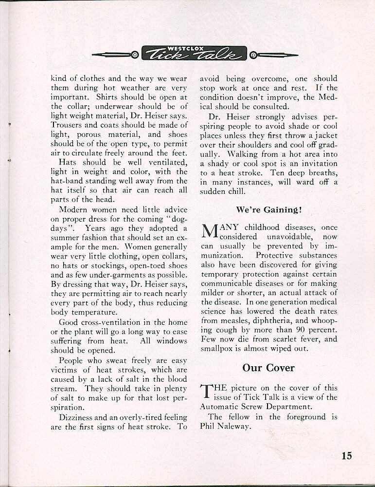 Westclox Tick Talk, June 1951, Vol. 36 No. 6 > 15. Cover Caption: Phil Naleway And The Automatic Screw Department.