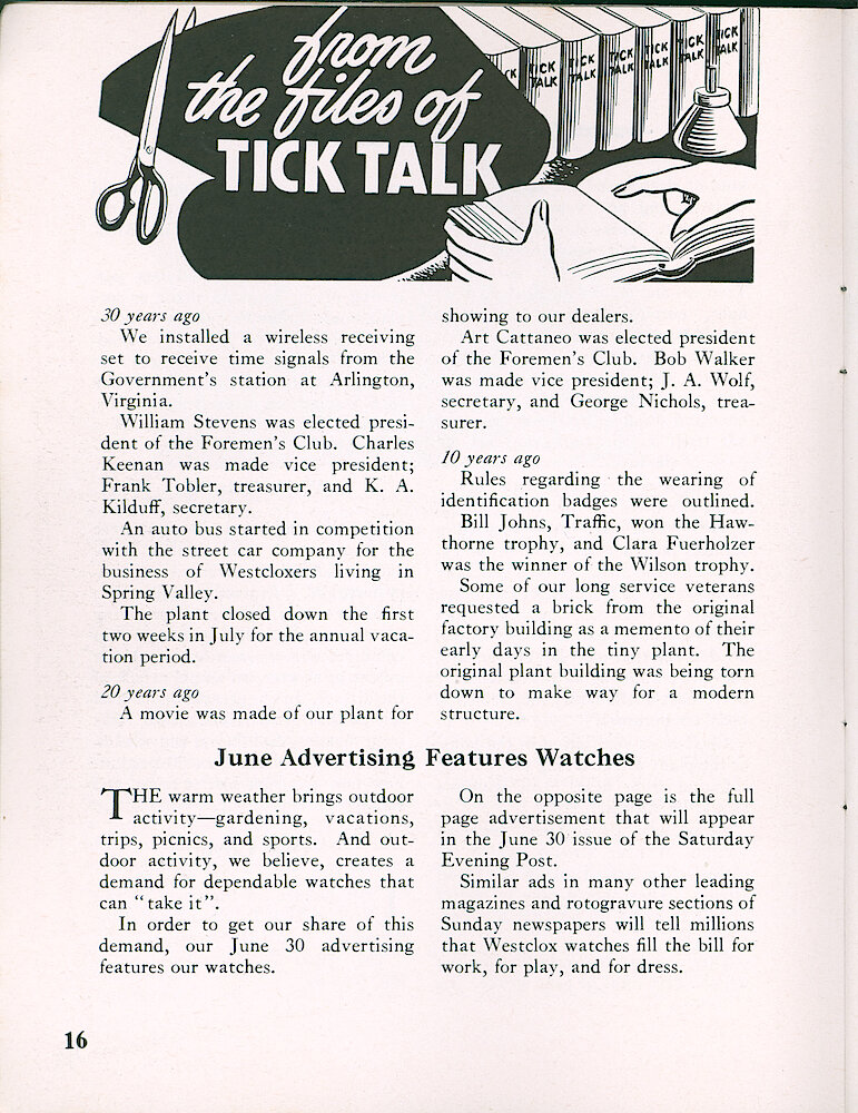 Westclox Tick Talk, June 1951, Vol. 36 No. 6 > 16. Marketing: Advertisement Caption: "June Advertising Features Watches" The June 30, 1951 Saturday Evening Post Ad Is On The Next Page.