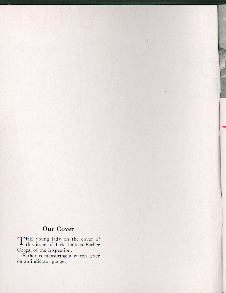 Westclox Tick Talk, July 1951, Vol. 36 No. 7 > Inside front cover. Cover Caption: Esther Gorgal Of Inspecting Is Measuring A Watch Lever On An Indicator Gauge.