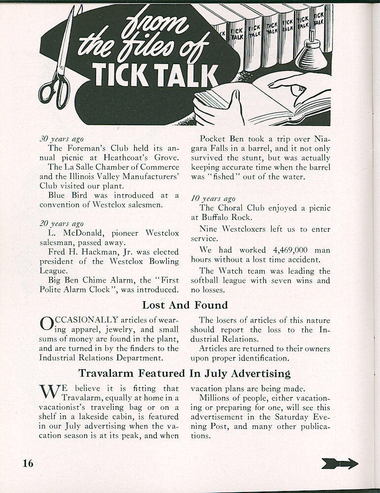 Westclox Tick Talk, July 1951, Vol. 36 No. 7 > 16. Marketing: Advertising Caption: "Travalarm Featured In July Advertising." The Ad On The Ext Page Will Be In The July Saturday Evening Post And Many Other Publications.