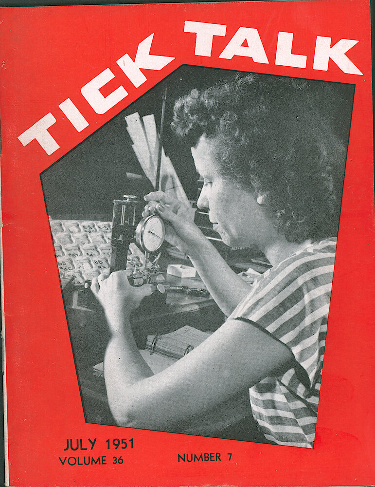 Westclox Tick Talk, July 1951, Vol. 36 No. 7 > F. Manufacturing: Esther Gorgal Of Inspecting Is Measuring A Watch Lever On An Indicator Gauge (caption Inside Front Cover).