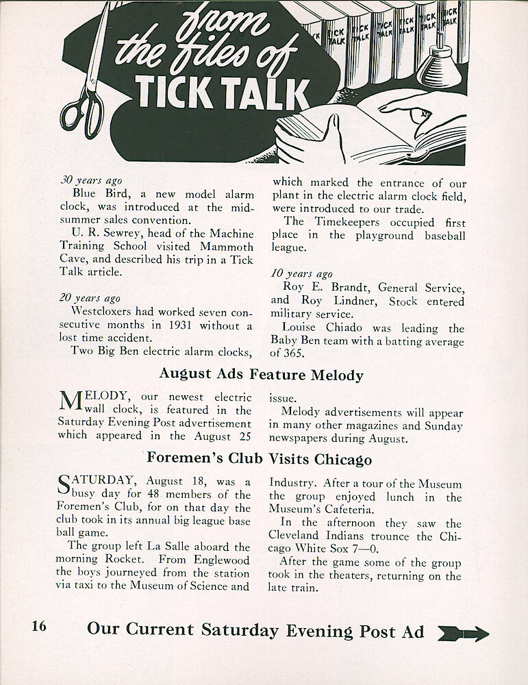 Westclox Tick Talk, August 1951, Vol. 36 No. 8 > 16. Marketing: "August Ads Feature Melody" ADVERTISEMENT CAPTION: Our August 25, 1951 Saturday Evening Post Ad Is On The Next Page.