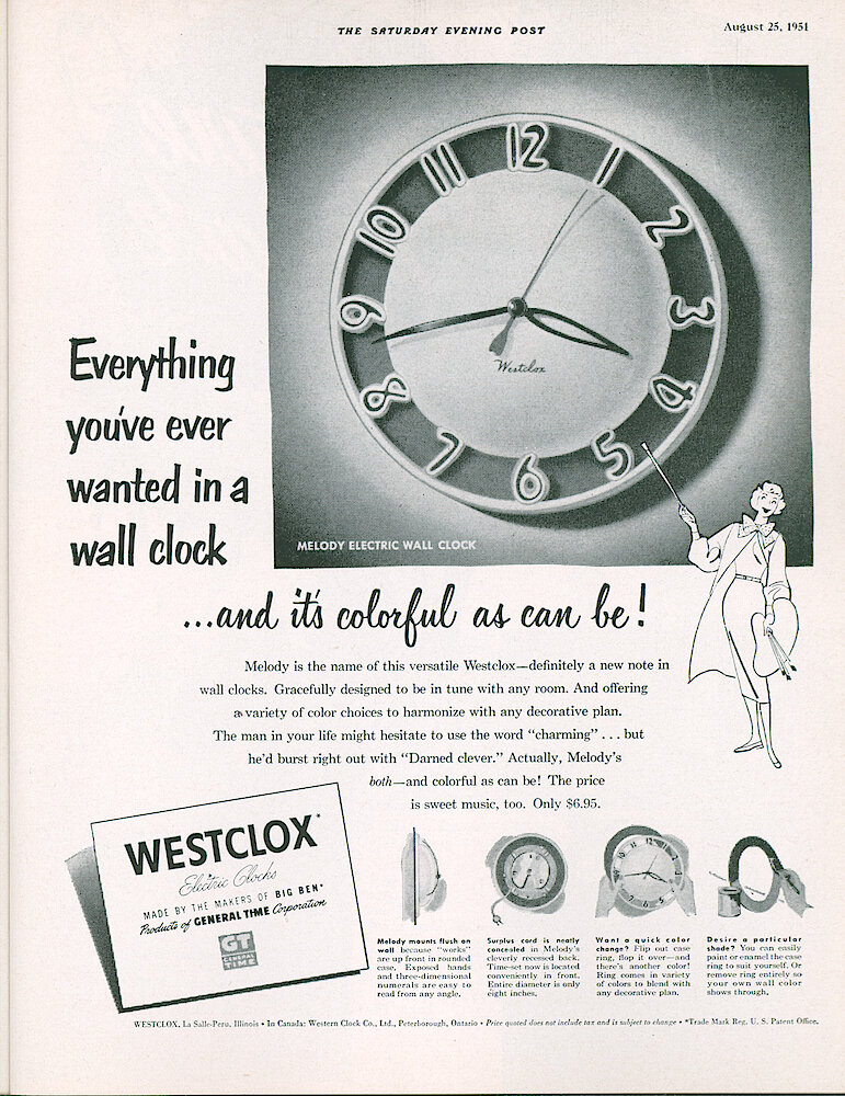 Westclox Tick Talk, August 1951, Vol. 36 No. 8 > 17. Advertisement: "Everything You&039;ve Ever Wanted In A Wall Clock . . . And It&039;s As Colorful As Can Be August 25, 1951 Saturday Evening Post Ad.