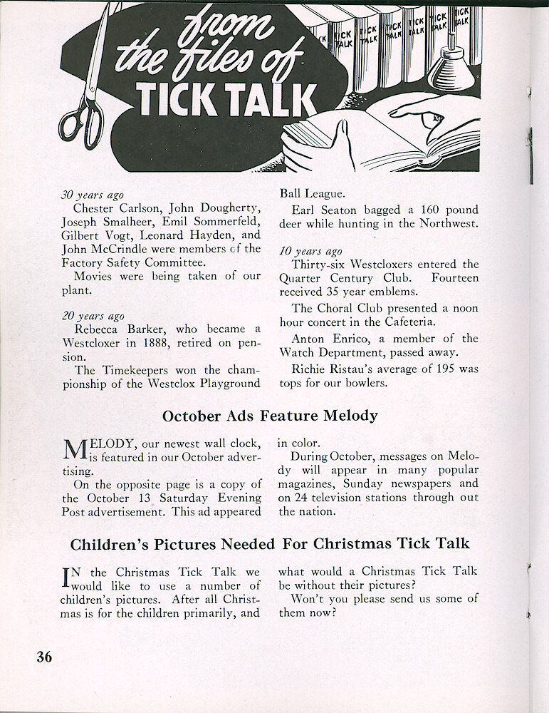 Westclox Tick Talk, October 1951, Vol. 36 No. 10 > 36. Marketing: Advertisement Caption: "October Ads Feature Melody" Our October 13, 1951 Saturday Evening Post Ad Is On The Next Page.