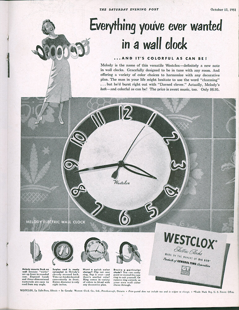 Westclox Tick Talk, October 1951, Vol. 36 No. 10 > 37. Advertisement: "Everything You&039;ve Ever Wanted In A Wall Clock . . . And It&039;s As Colorful As Can Be" October 13, 1951 Saturday Evening Post Ad