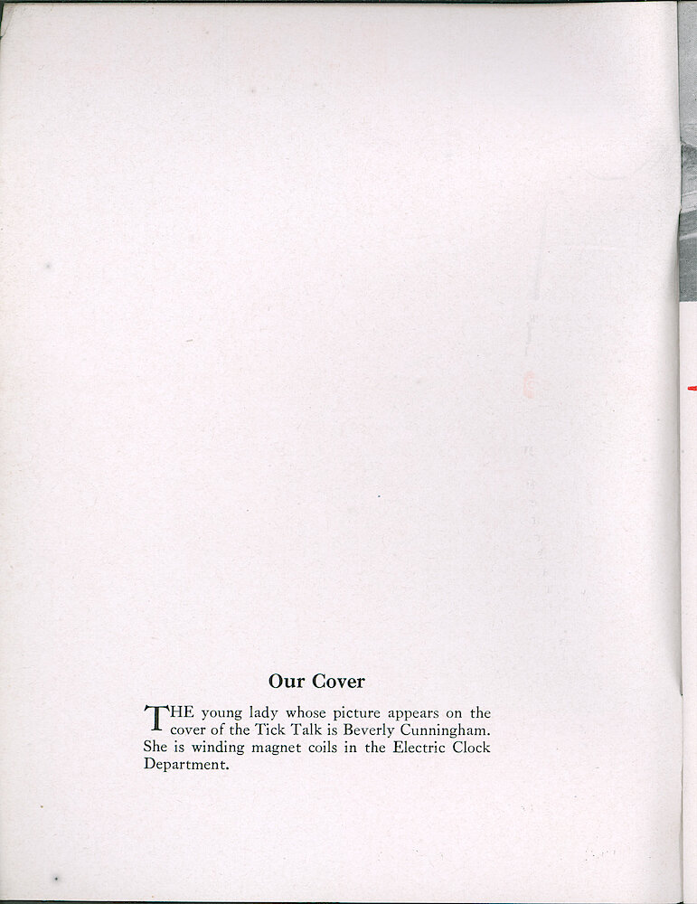 Westclox Tick Talk, November 1951, Vol. 36 No. 11 > Inside front cover. Cover Caption: Beverly Cunningham Is Winding Magnet Coils In The Electric Clock Department.