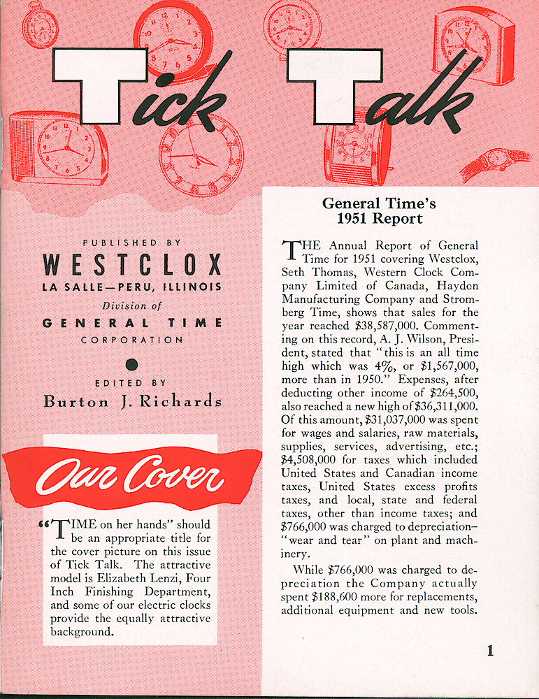 Westclox Tick Talk, March 1952, Vol. 37 No. 3 > 1. Cover Caption: Elizabeth Lenzi Of Four Inch Finishing And Some Westclox Electric Clocks. CORPORATE: Beginning Of General Time&039;s 1951 Annual Report.