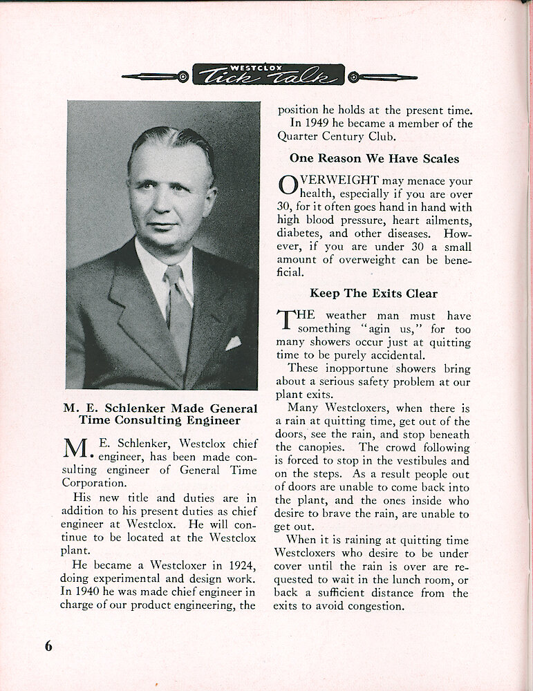 Westclox Tick Talk, March 1952, Vol. 37 No. 3 > 6. Personnel: Max Schlenker Made General Time Consulting Engineer"