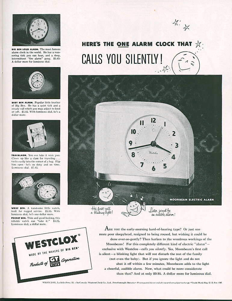 Westclox Tick Talk, March 1952, Vol. 37 No. 3 > 17. Advertisement: "Here&039;s The One Alarm That Calls You Silently" Moonbeam Flashing Light Alarm Clock.