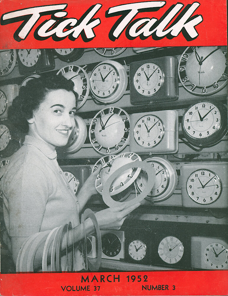 Westclox Tick Talk, March 1952, Vol. 37 No. 3 > F. Manufacturing: Elizabeth Lenzi Of Four Inch Finishing And Some Westclox Electric Clocks (caption On Page 1).