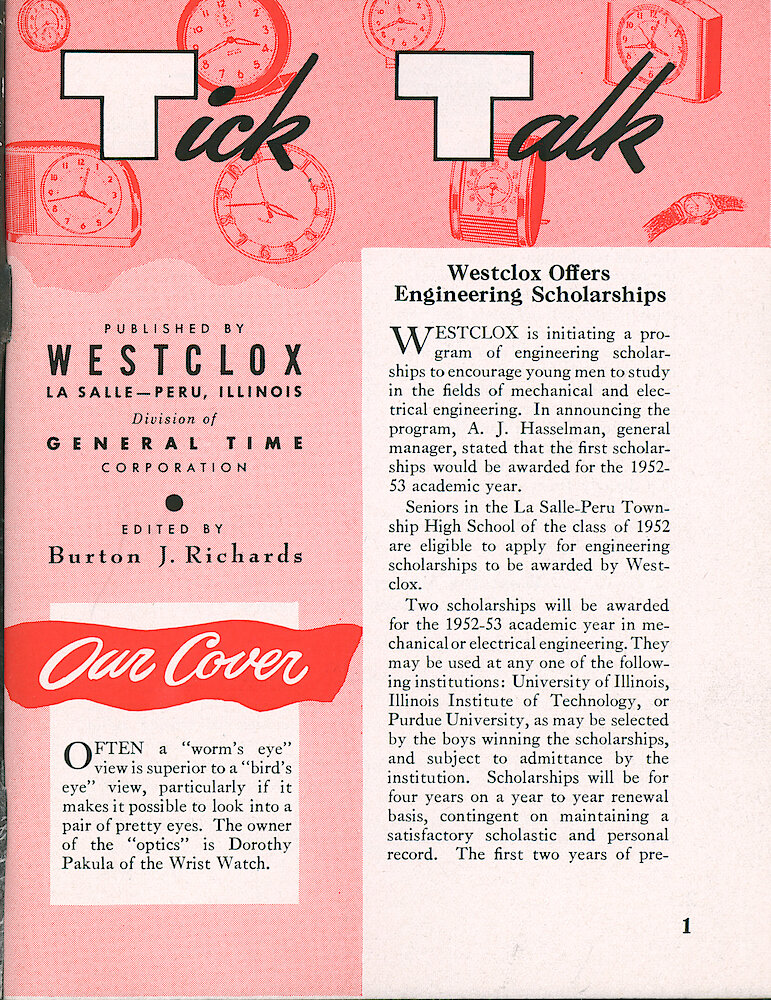 Westclox Tick Talk, April 1952, Vol. 37 No. 4 > 1. Cover Caption: Dorothy Pakula Of The Wrist Watch Department.