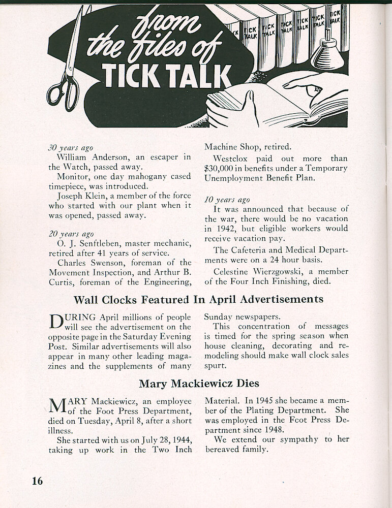 Westclox Tick Talk, April 1952, Vol. 37 No. 4 > 16. Marketing: Advertisement Caption: "Wall Clocks Featured In April Advertisements" The Next Page Shows Our Current Saturday Evening Post Ad (April 5, 1962).