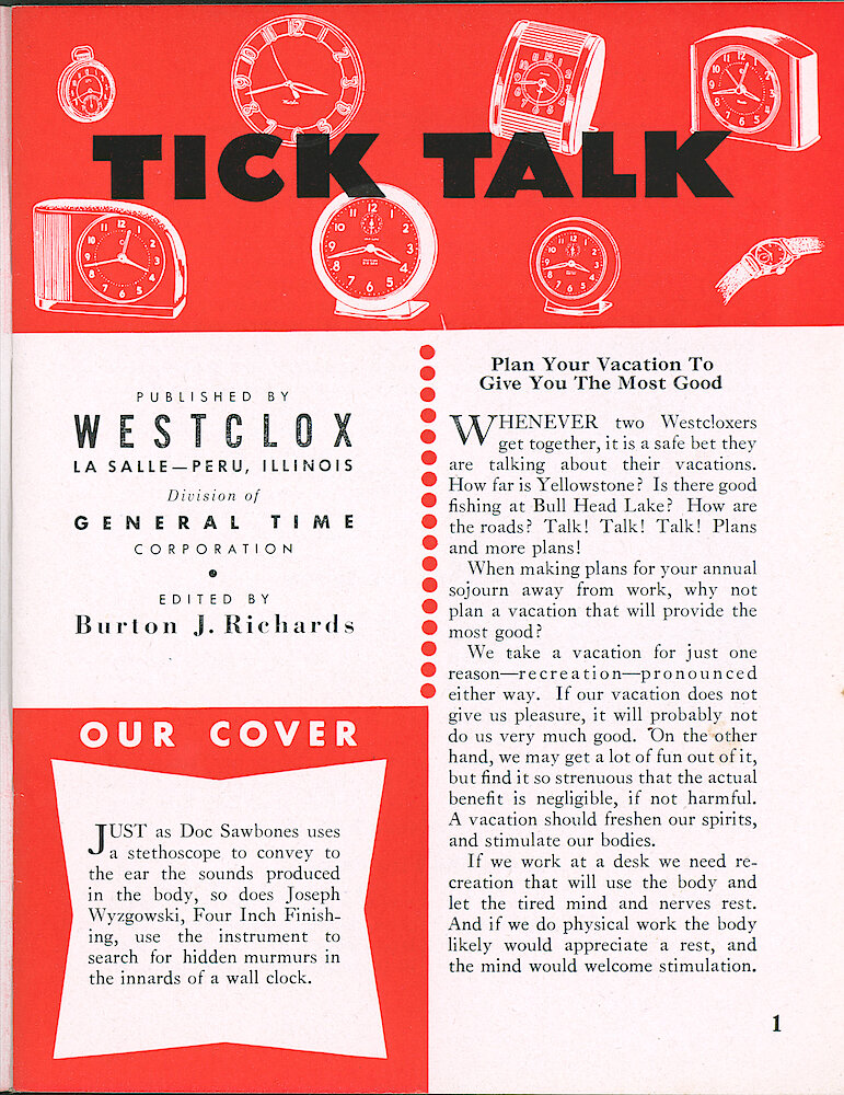 Westclox Tick Talk, May 1952, Vol. 37 No. 5 > 1. Cover Caption: Joseph Wyzgowski Of Four Inch Finishing Uses A Stethoscope To Check Electric Clocks.