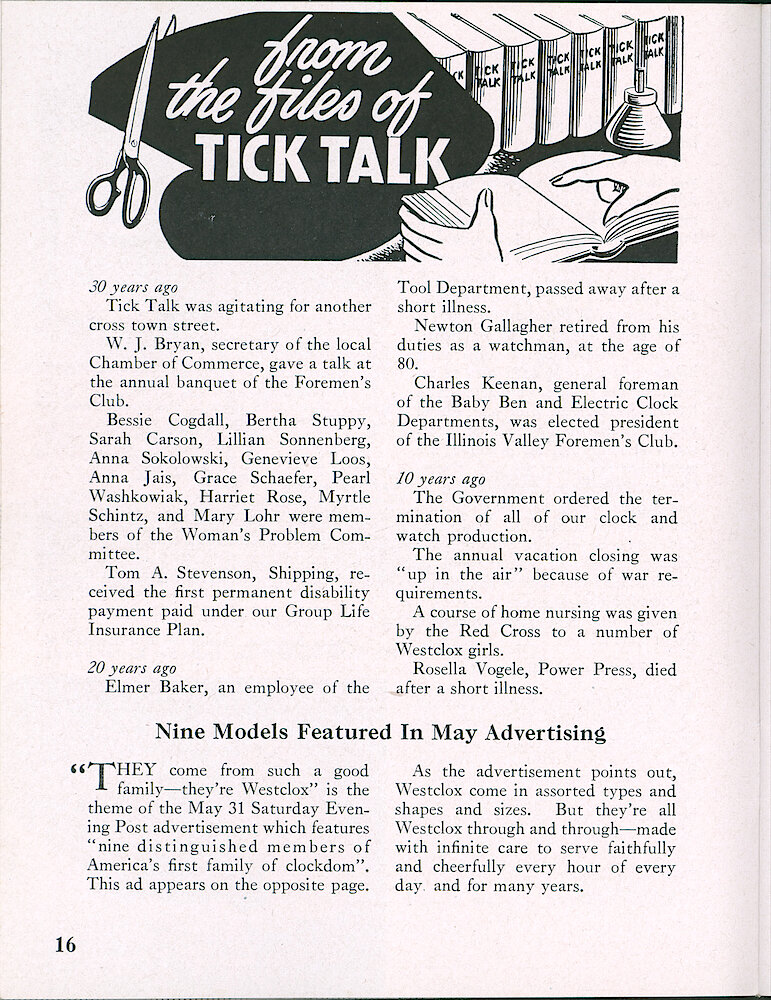 Westclox Tick Talk, May 1952, Vol. 37 No. 5 > 16. Marketing: Advertisement Caption: "NIne Models Featured In May Advertising" On The Next Page Is The May 31, 1952 Saturday Evening Post Ad.