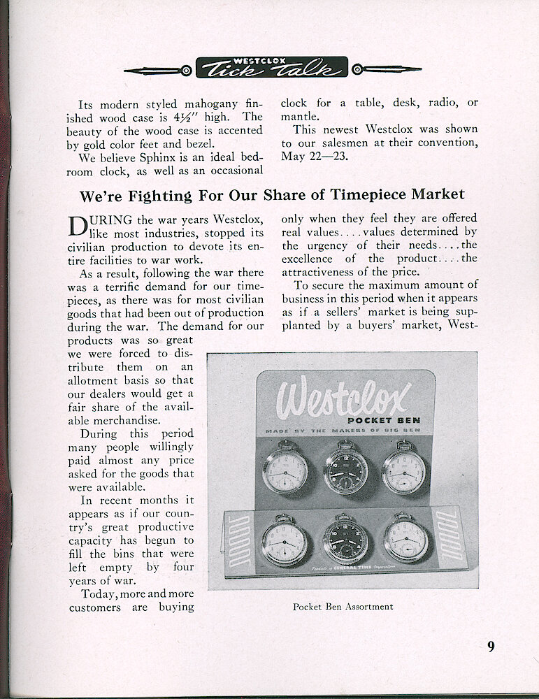 Westclox Tick Talk, July 1952, Vol. 37 No. 7 > 9. New Model: Sphinx Electric Alarm. MARKETING: "We&039;re Fighting For Our Share Of The Timepiece Market" MARKETING" Pocket Ben Watch Assortment.