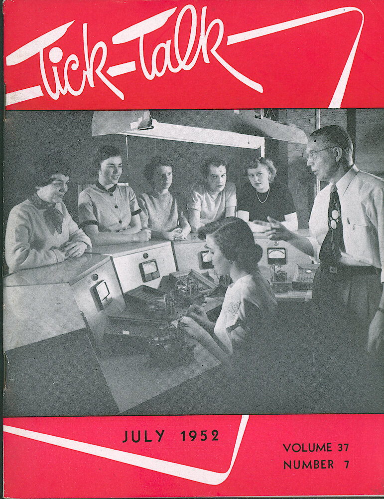 Westclox Tick Talk, July 1952, Vol. 37 No. 7 > F. Manufacturing: "Charles Ohligschlager Vibrating Foreman, Discusses Vibrating Operation With Daniese Buff, While Mesdames Witezman, Yanke, Soboroski, Zdaniewicz And Ristau Look On" (caption On Page 1)