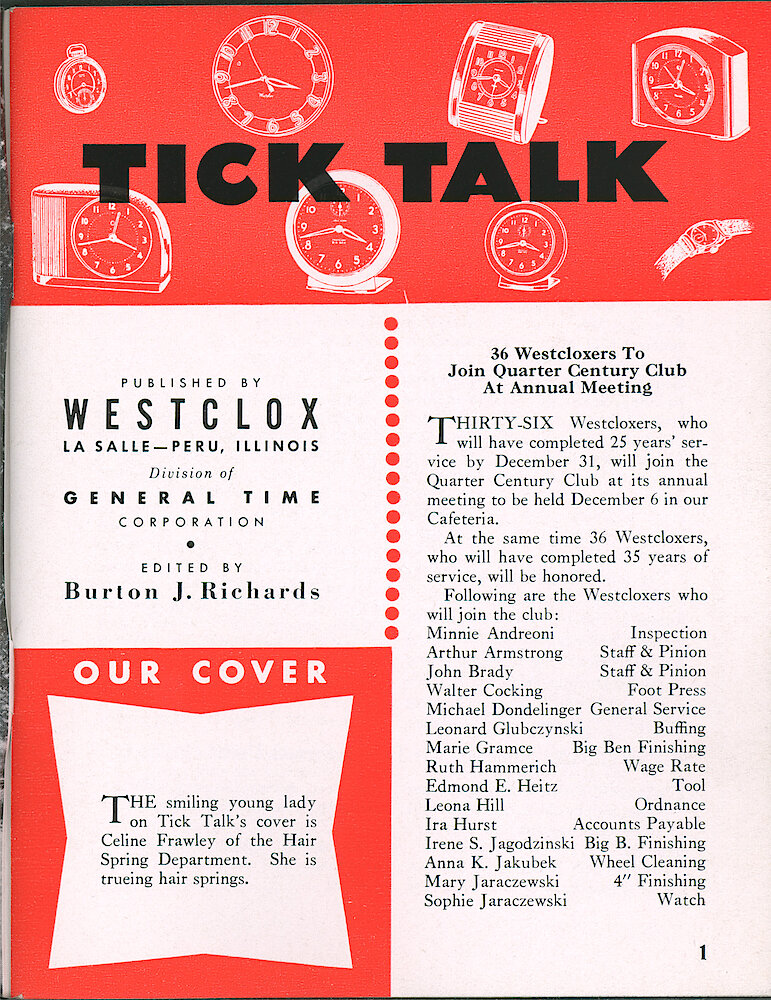 Westclox Tick Talk, October 1952, Vol. 37 No. 10 > 1. Cover Caption: Celine Frawley Of The Hair Spring Department Is Truing Hairsprings.