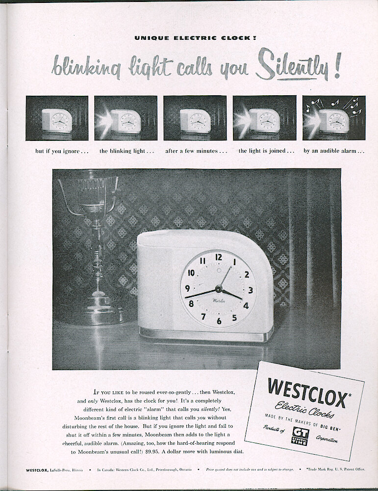 Westclox Tick Talk, October 1952, Vol. 37 No. 10 > 17. Advertisement: "Unique Electric Clock: Blinking Light Calls You Silently" Features Moonbeam Flashing Light Electric Alarm Clock.