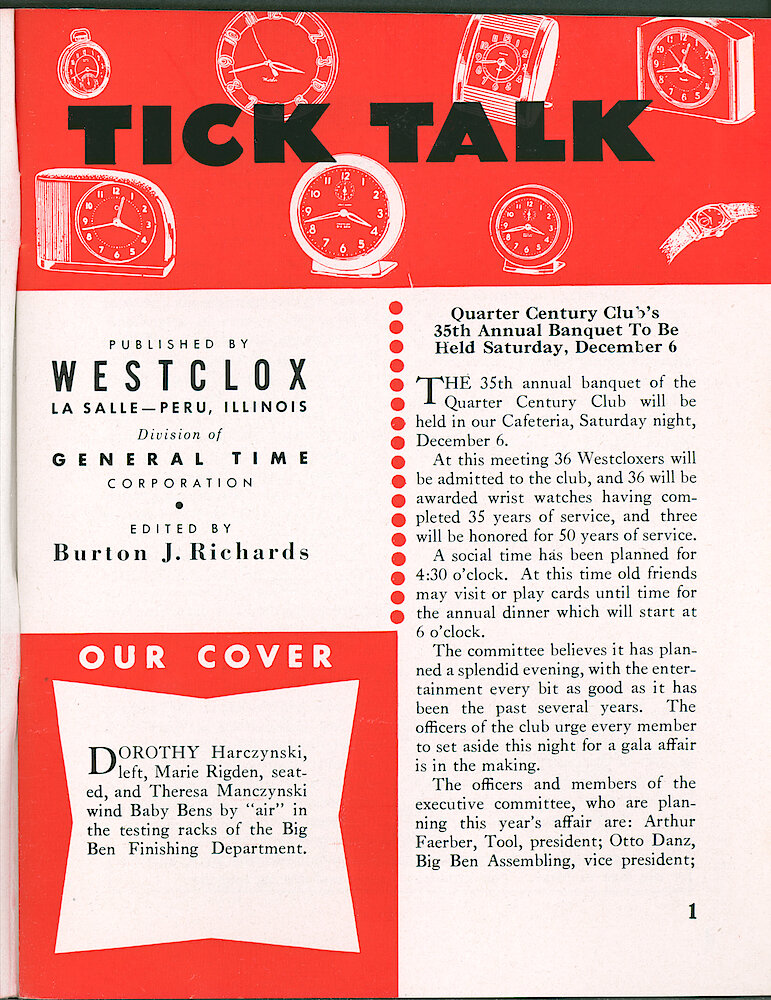 Westclox Tick Talk, November 1952, Vol. 37 No. 11 > 1. Cover Caption: Dorothy Harczynski, Left, Marie Rigden, Seated, And Theresa Manczynski Wind Baby Bens By "air" In The Big Ben Department.