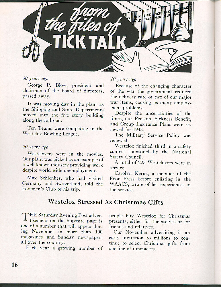 Westclox Tick Talk, November 1952, Vol. 37 No. 11 > 16. Marketing: Advertisement Caption: "Westclox Stressed As Christmas Gifts" Our November Saturday Evening Post Ad Is Shown On The Next Page.