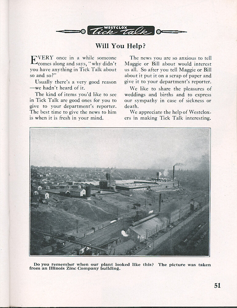 Westclox Tick Talk, December 1952, Vol. 37 No. 12 > 51. Historic Picture:"Do You Remember When Our Plant Looked Like This The Picture Was Taken From An Illinois Zinc Company Building."