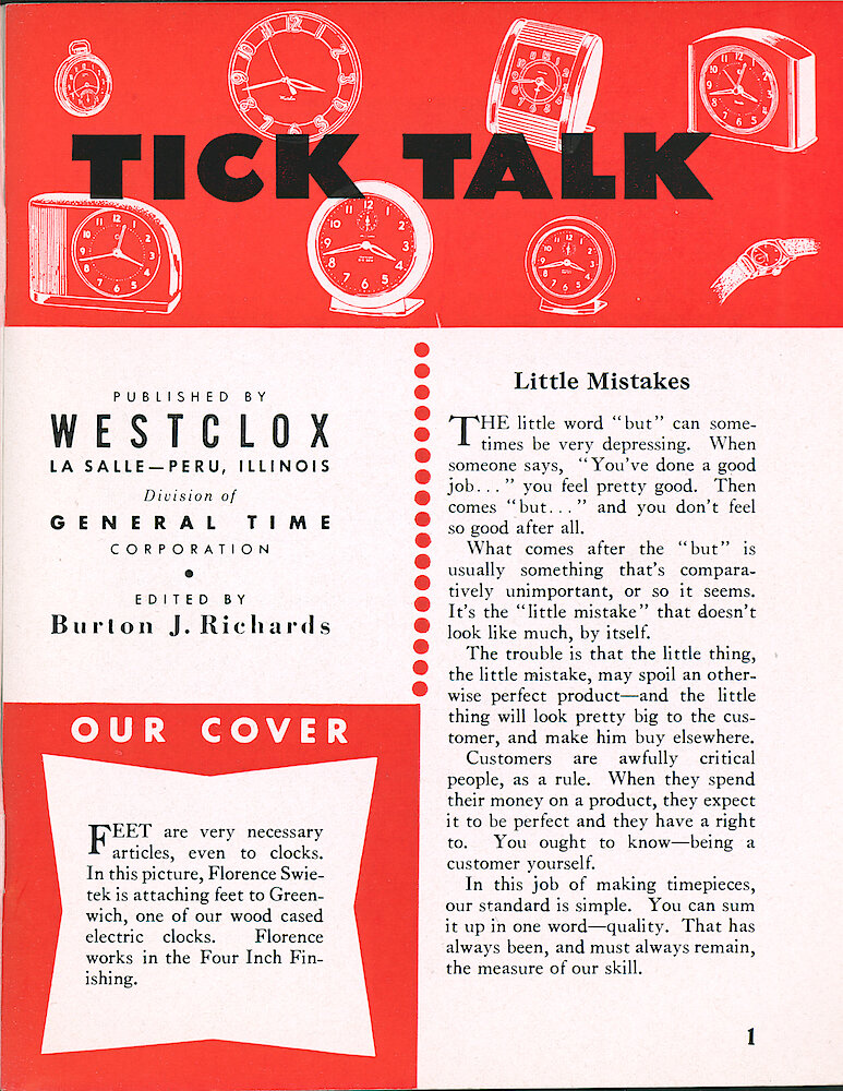 Westclox Tick Talk, January 1953, Vol. 38 No. 1 > 1. Cover Caption: Florence Swietek Is Attaching Feet To The Greenwich Electric Alarm, In The Four Inch Finishing Department.