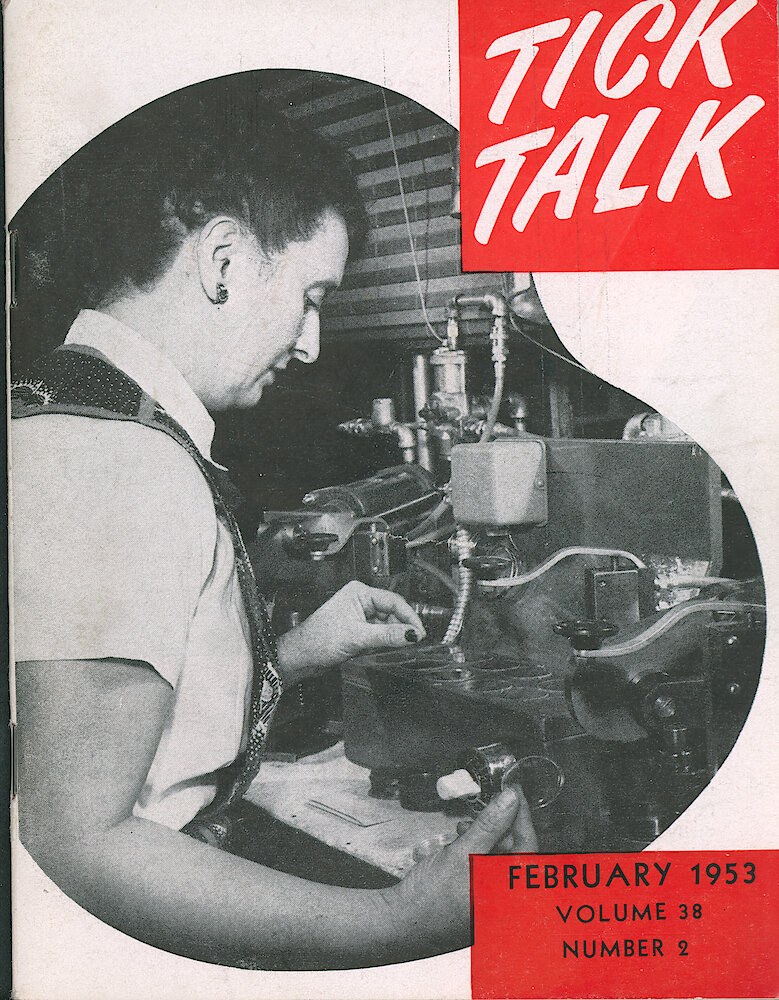 Westclox Tick Talk, February 1953, Vol. 38 No. 2 > F. Manufacturing: Mrs. Belle Dwyer Is Operating A Machine Which Forms The Model 7 Unbreakable Crystal For Pocket Watches (caption On Page 1).