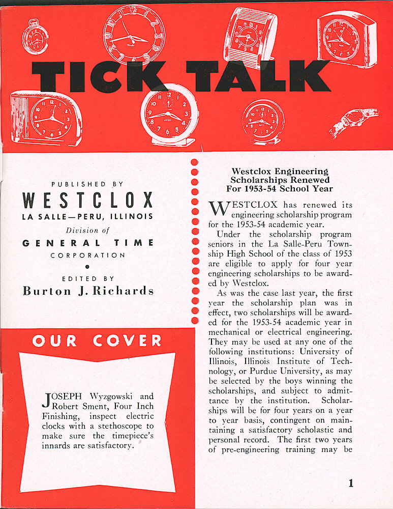 Westclox Tick Talk, April 1953, Vol. 38 No. 4 > 1. Cover Caption: Joseph Wyzgowski And Robert Sment Of Four Inch Finishing Inspect Electric Clocks With A Stethoscope.