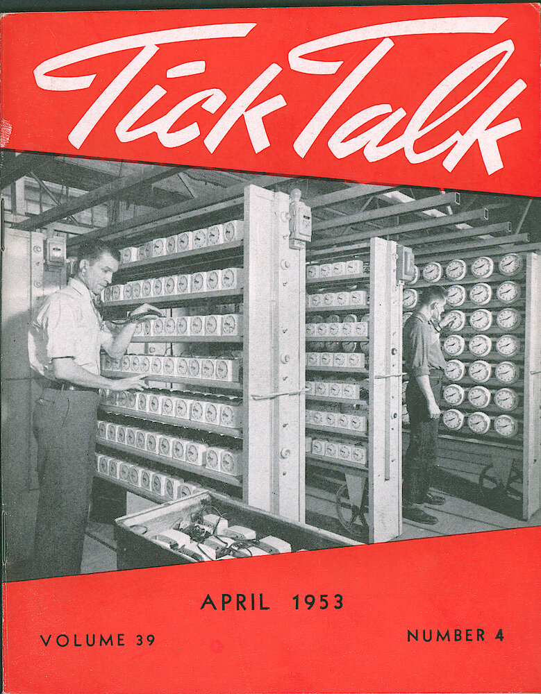 Westclox Tick Talk, April 1953, Vol. 38 No. 4 > F. Manufacturing: Joseph Wyzgowski And Robert Sment Of Four Inch Finishing Inspect Electric Clocks With A Stethoscope (caption On Page 1).