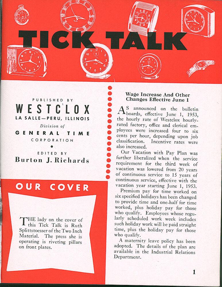 Westclox Tick Talk, May 1953, Vol. 38 No. 5 > 1. Cover Caption: Ruth Splittstoesser Of Two Inch Material Is Riveting Pillars On Front Plates.