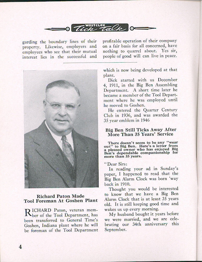 Westclox Tick Talk, May 1953, Vol. 38 No. 5 > 4. Personnel: Corporate: Richard Patton Made Tool Foreman At Goshen Plant (Goshen, Indiana).