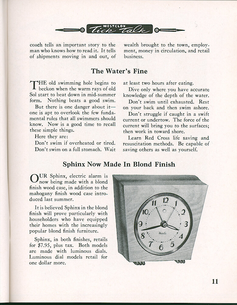 Westclox Tick Talk, May 1953, Vol. 38 No. 5 > 11. New Model: Sphinx Electric Alarm Now Made In Blond Finish. Both Models Retail For $7.95 Plus Tax. Both Models Available With Luminous Dial For One Dollar More.