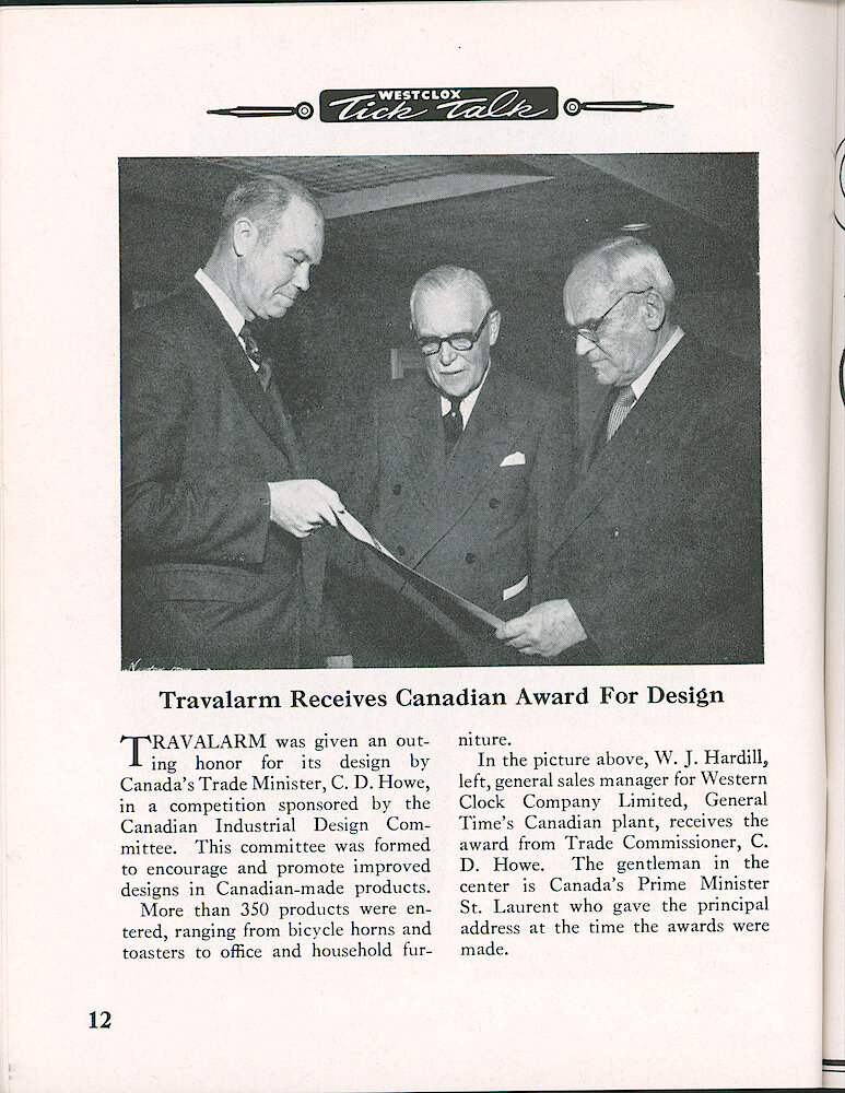 Westclox Tick Talk, May 1953, Vol. 38 No. 5 > 12. Marketing: "Travalarm Receives Canadian Award For Design"