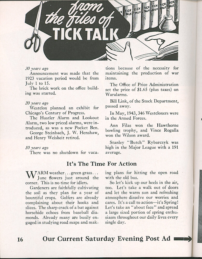 Westclox Tick Talk, May 1953, Vol. 38 No. 5 > 16. Advertisement Caption: Our Current Saturday Evening Post Ad Is On The Next Page.