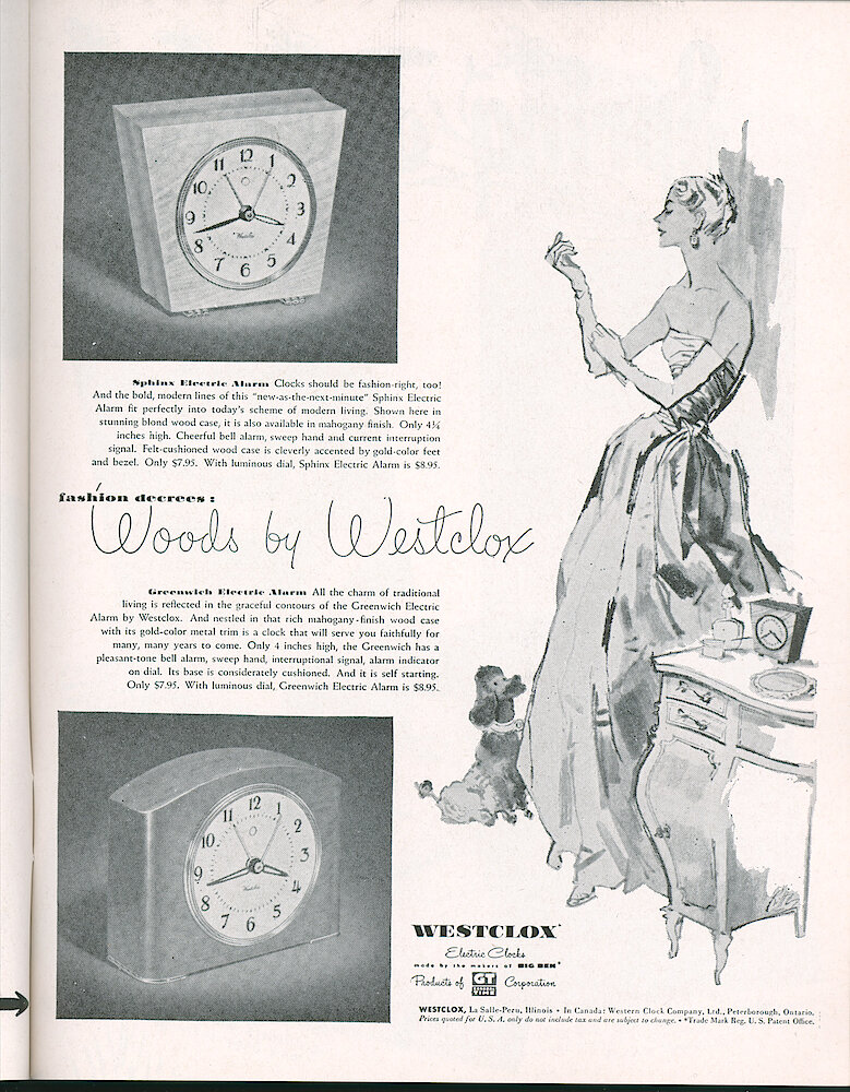 Westclox Tick Talk, May 1953, Vol. 38 No. 5 > 17. Advertisement: "Woods By Westclox" Sphinx And Greenwich Electric Alarms. Saturday Evening Post, May 1953.