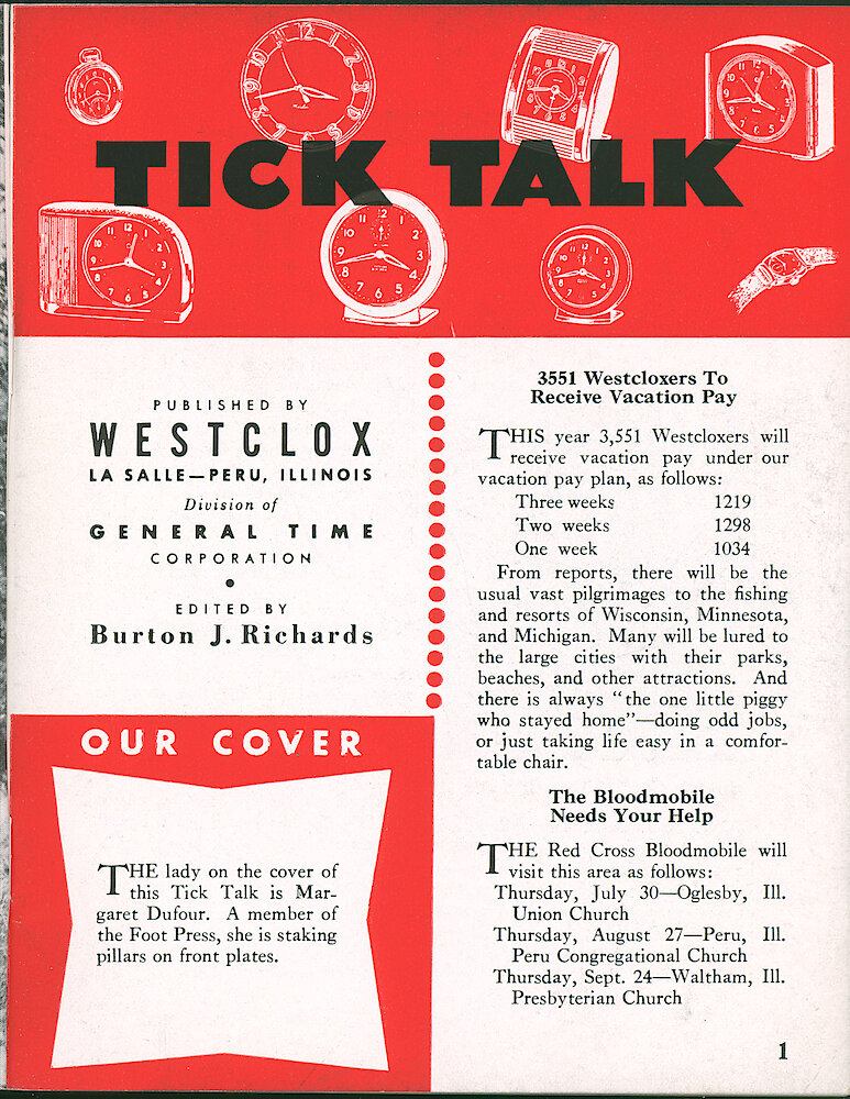 Westclox Tick Talk, June 1953, Vol. 38 No. 6 > 1. Cover Caption: Margaret Dufour In Foot Press Is Staking Pillars On Front Plates.