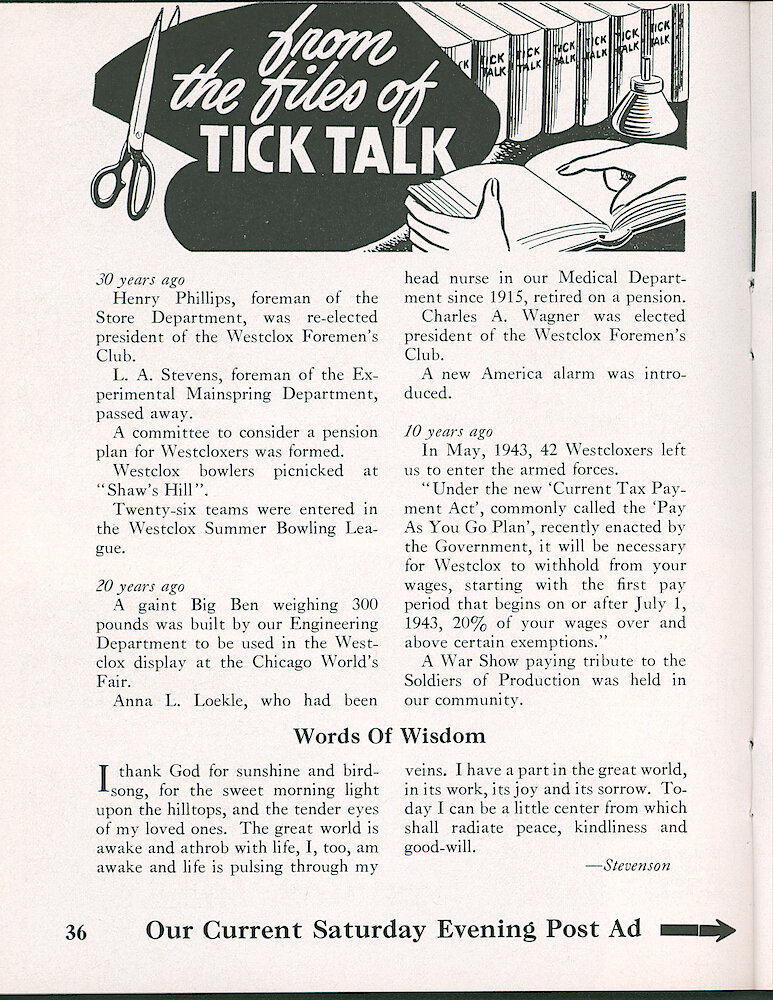 Westclox Tick Talk, June 1953, Vol. 38 No. 6 > 36. Advertisement Caption: Our Current Saturday Evening Post Ad Is On The Next Page.