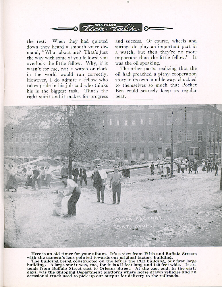 Westclox Tick Talk, July 1953, Vol. 38 No. 7 > 7. Historical Picture: View From Fifth And Bufalo Streets, Showing The Original Westclox Factory Building.