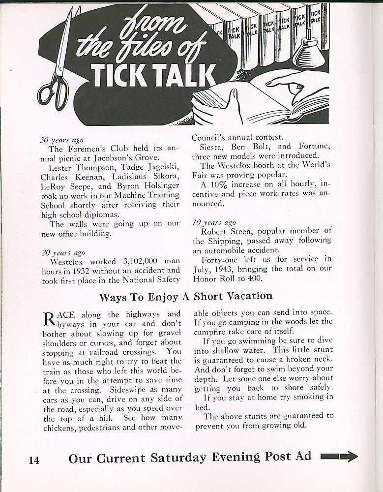 Westclox Tick Talk, July 1953, Vol. 38 No. 7 > 14. Advertisement Caption: Our Current Saturday Evening Post Ad Is On The Next Page.