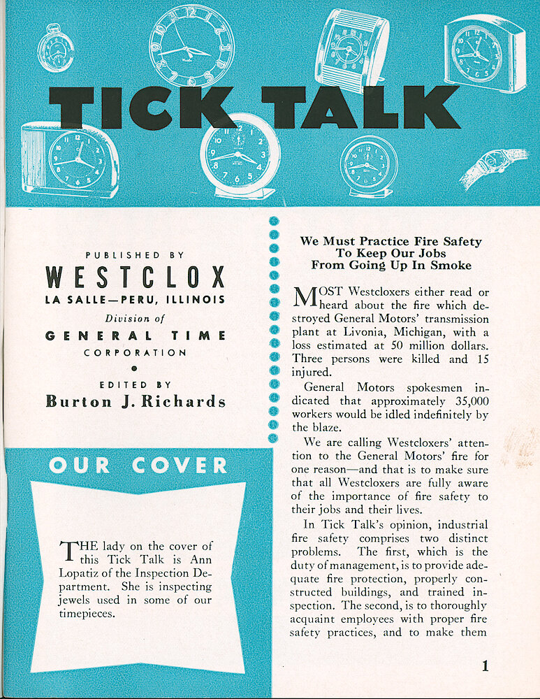 Westclox Tick Talk, August 1953, Vol. 38 No. 8 > 1. Cover Caption: Ann Lopatiz Of The Inspection Department Is Inspecting Jewels.