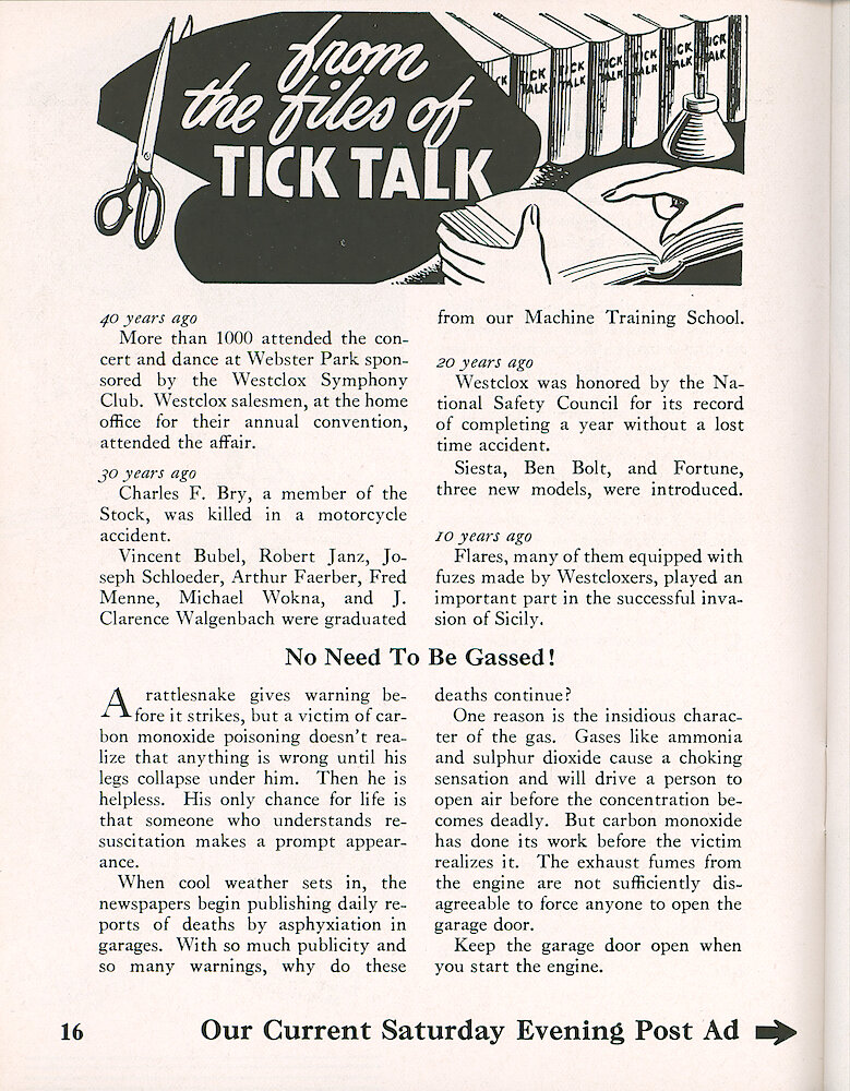 Westclox Tick Talk, August 1953, Vol. 38 No. 8 > 16. Advertisement Caption: The Next Page Shows Our Current Saturday Evening Post Ad.