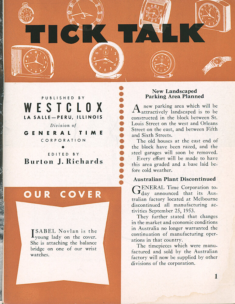 Westclox Tick Talk, September 1953, Vol. 38 No. 9 > 1. Cover Caption: Isabel Novlan Is Attaching The Balance Bridge On A Westclox Wrist Watch.