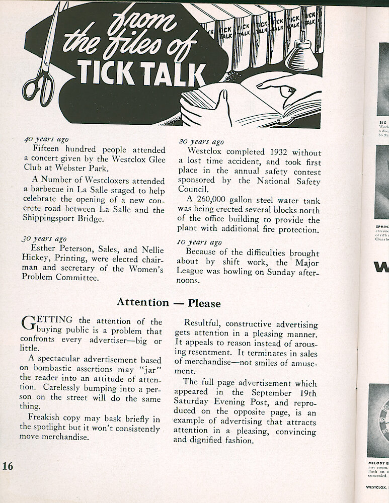 Westclox Tick Talk, September 1953, Vol. 38 No. 9 > 16. Marketing: Advertisement Caption: "Attention — Please" Our September 19, 1953 Saturday Evening Post Ad Is On The Next Page.