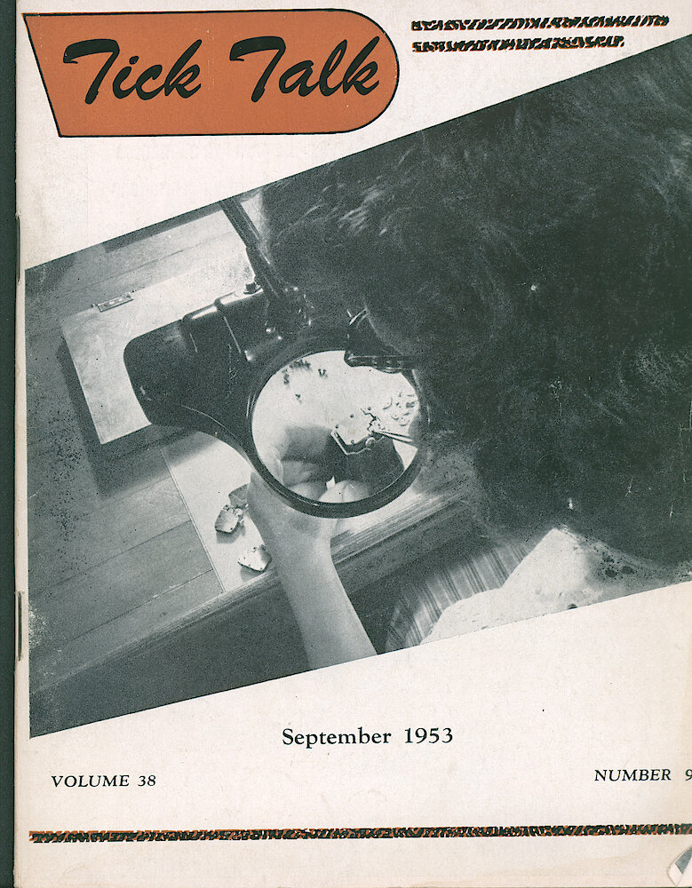 Westclox Tick Talk, September 1953, Vol. 38 No. 9 > F. Manufacturing: Isabel Novlan Is Attaching The Balance Bridge On A Westclox Wrist Watch (caption On Page 1).