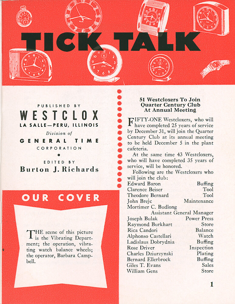 Westclox Tick Talk, October 1953, Vol. 38 No. 10 > 1. Cover Caption: Barbara Campbell Vibrating Watch Balance Wheels In The Vibrating Department.